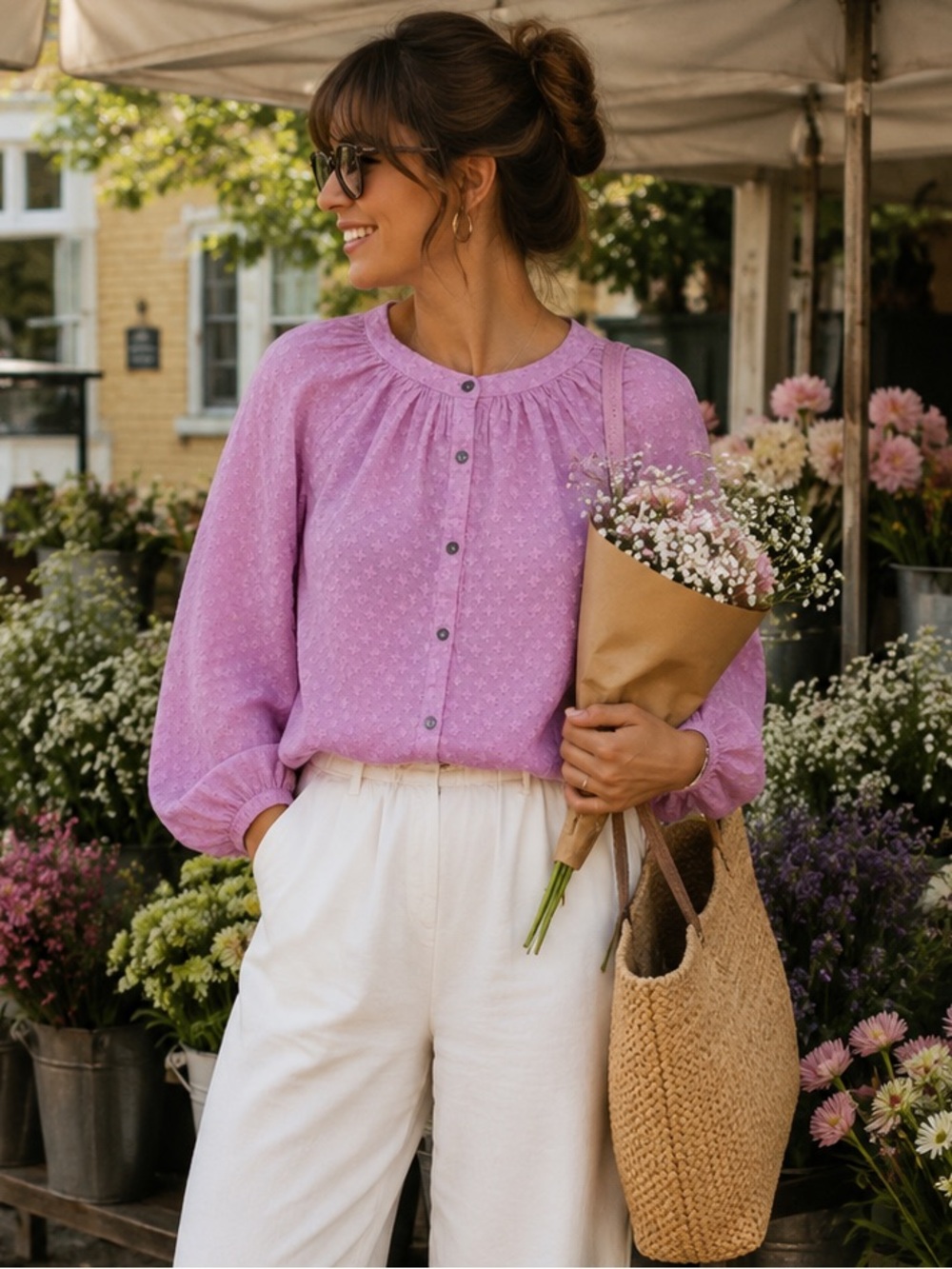 Women’s Lavender Pink Textured Floral Cotton Blouse